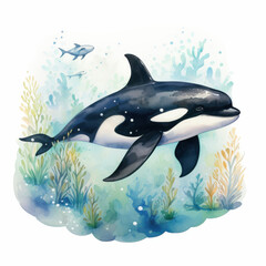 Obraz premium beautiful watercolor illustration of whale swimming gracefully among colorful underwater plants and smaller fish, evoking sense of tranquility and