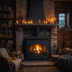 Winter stone fireplace with roaring flames natural and rustic Cozy fireplace with festive Christmas tree and warm glow of candles during a winter evening 
  