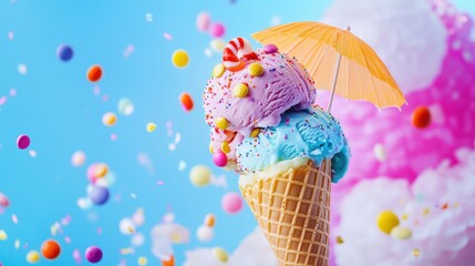 A whimsical ice cream cone with two scoops in vibrant pastel colors, topped with candy and a mini umbrella.