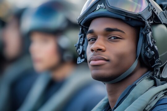 Group of young military personnel preparing for a training exercise at a military base during the day. Generative AI