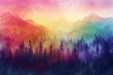 Vibrant multicolored mountain landscape at sunrise. Neural network AI generated