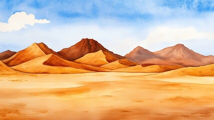 Naklejka premium Watercolor Illustration of Serene Desert Landscape with Rolling Sand Dunes and Blue Sky