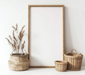 Empty frame mockup with wicker baskets and dried flowers on a white background