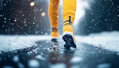 Winter walk in snow, icy pavement, snowy background