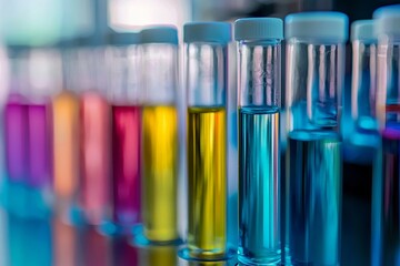 Colorful test tubes filled with vibrant liquids in a scientific laboratory setting