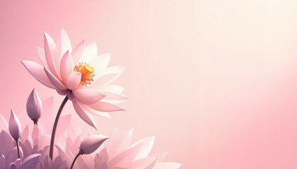Obraz premium Pink lotus flower blooming against a soft pastel background, creating a serene and spiritual floral composition ideal for relaxation, meditation, and harmony themes.