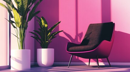 Modern interior design featuring cozy armchair in vibrant pink room with indoor plants for stylish home decor and relaxing living space aesthetic.