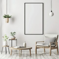 A modern living room interior with a blank frame. a wooden chair. a coffee table. and plants
