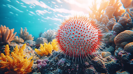 Vibrant underwater scene featuring a striking red and white sea urchin amidst colorful coral.  Sunlit ocean backdrop creates a sense of tranquility and wonder.