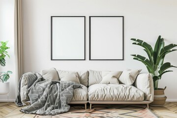 Two blank frames mockup hanging on a white wall above a cream-colored sofa with throw blanket and pillows in a modern living room