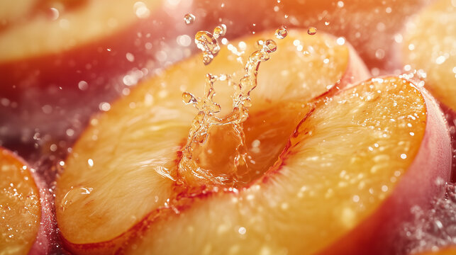 Sliced peach in water with droplets splashing, showcasing fresh and vibrant colors