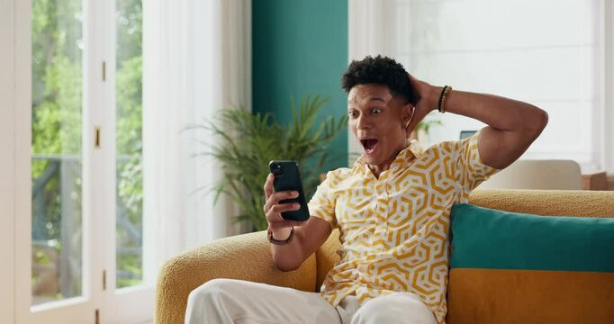 Phone, success and surprise with man in house for good news, notification and winner. Achievement, reward points and opportunity with person in living room at home for sales offer, bonus or wow