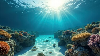 Fototapeta premium Sunlit underwater view of a sloping coral reef affected by bleaching with damaged coral colonies 