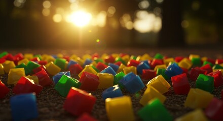Obraz premium Colorful Plastic Blocks Scattered on Ground at Sunset, Vivid Outdoors Play Scene