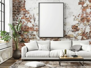 A white couch and a large blank poster frame in front of a red brick wall