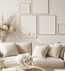 Modern living room with white sofa. floral print. and pampas grass decor