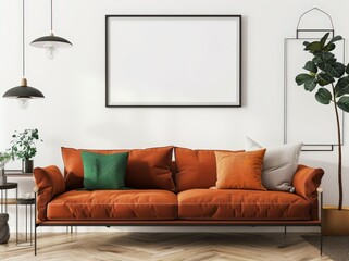 Minimalist living room interior with a brown sofa. green and orange pillows. and a blank frame