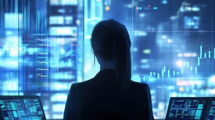 A woman in a financial planning role, analyzing market trends and company data to make strategic decisions