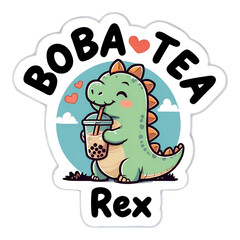 Cute Cartoon Boba Tea Rex Dinosaur Sticker Adorable T-Rex Drinking Bubble Tea Kawaii Art