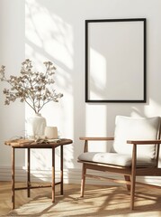 A cozy living room corner with a wooden chair. side table. and a blank poster frame
