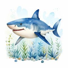 Obraz premium colorful cartoon shark swimming among aquatic plants and rocks, evoking playful underwater scene