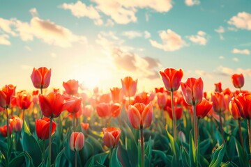 Amazing white tulip flowers blooming in a tulip field, against the background of blurry tulip flowers in the sunset light. Neural network ai generated