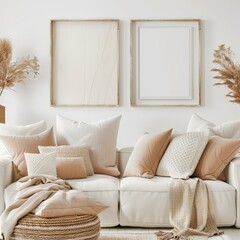 A cozy living room with a white sofa. throw blankets. and a wicker ottoman Two framed art pieces hang on the wall