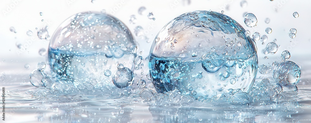 Poster two vibrant water spheres creating splashes with energetic and dynamic movement