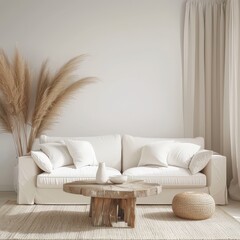 Minimalist living room with white sofa. wooden coffee table. pampas grass and a wicker ottoman