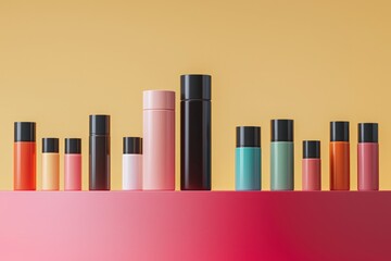 Obraz premium A podium featuring multiple products, each in different colors, on a solid-colored background