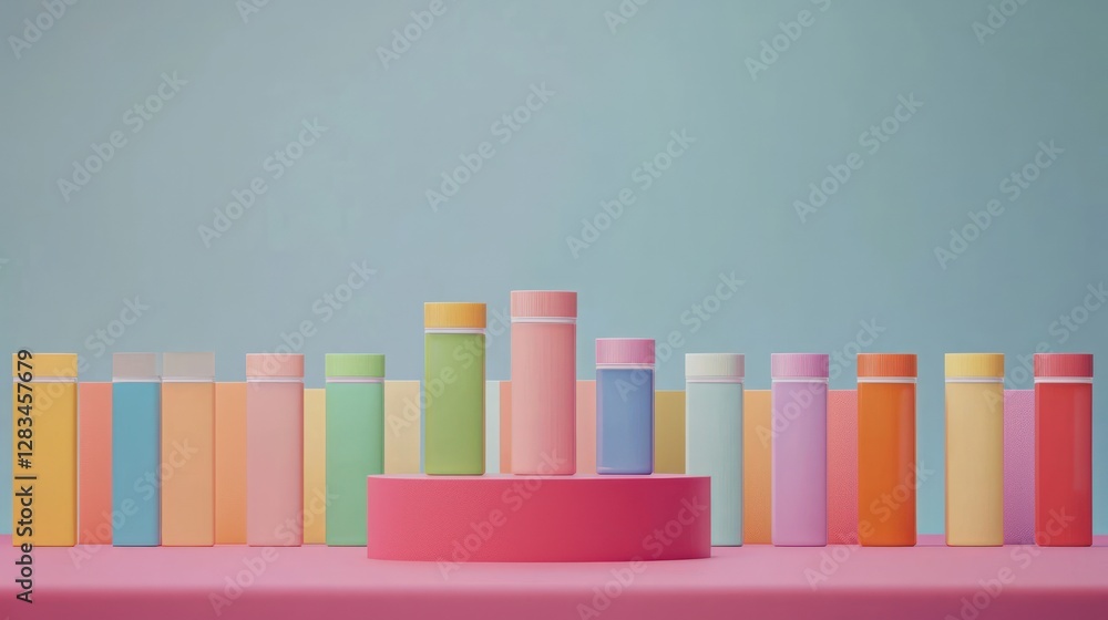 Poster a podium with colorful products arranged in a line, set against a solid background color