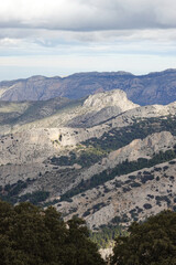 The mountain panorama opening from the hiking path to pick Puig Campana, Finestrat, Benidorm, Spain   