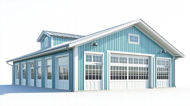   Garage Architecture: A modern, spacious garage, its turquoise siding complemented by a pristine roof and expansive glass windows, creating a captivating architectural design.