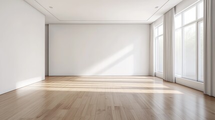 Minimalist living room with white walls and wood floor, embodying simplicity and modern elegance