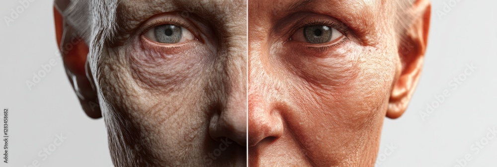 Poster transformation of a face showcasing aging on one side and youthful skin on the other during a subtle