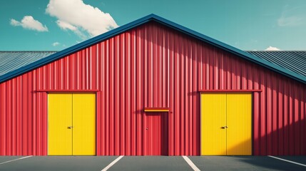 Vibrant Warehouse Facade: A striking red warehouse with contrasting yellow doors and a dark blue roof, bathed in sunlight against a backdrop of a bright sky. 