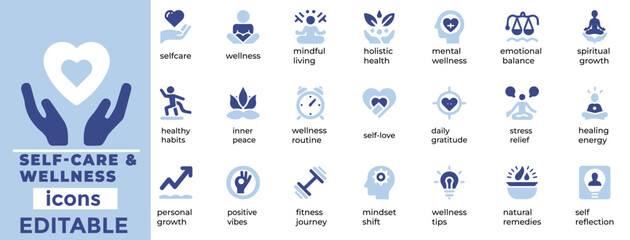 Self-care and wellness vector icons for mindfulness, relaxation, health, and balance. Perfect for branding and digital projects.