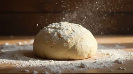 Soft dough rests on a wooden surface, surrounded by a light dusting of flour