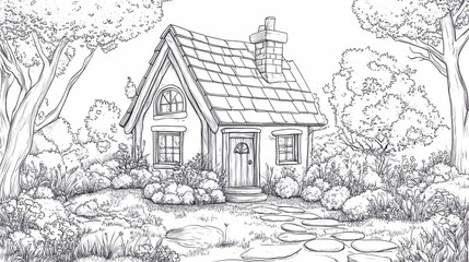 Obraz premium charming hand-drawn cottage surrounded by nature