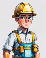 Fototapeta premium construction worker guy in uniform child like drawing on a white background crayon art whimsical youthful hand drawn cartoon