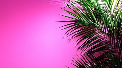   A close-up of a palm tree on a pink background with a lush green foliage in the center of the frame