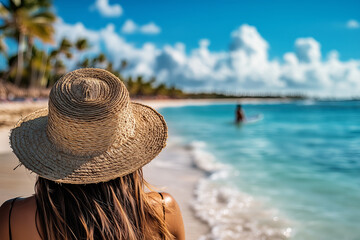 woman with straw sun hat by the caribbean sea shore of punta cana dominican republic tropical background beach with palm trees