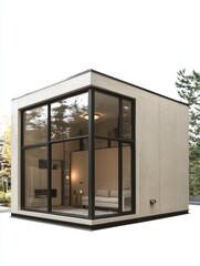Modern Minimalist Cube House: A sleek, contemporary cube-shaped house with large glass windows offering a glimpse of the modern interior, set amidst nature.