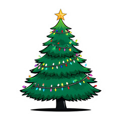 Festive Cartoon Christmas Tree with Lights and Star Topper Illustration