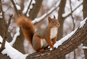 Obraz premium Squirrel sitting in a tree in winter and looking for food, the best photo 