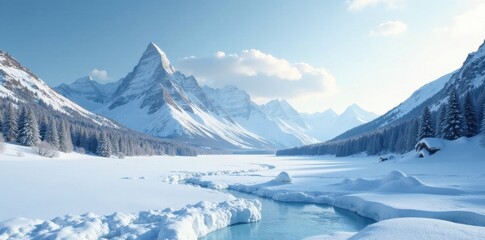 Frozen snowscape with a distant mountain range , winter wonderland, cold climate