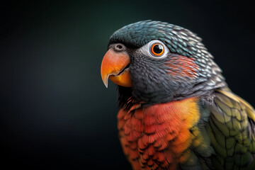Portrait of vibrant exotic parrot bird macaw perched on a rustic wooden sign board on black background