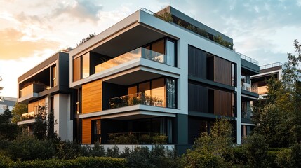 Modern residential buildings with simple design, embodying clean and functional living spaces