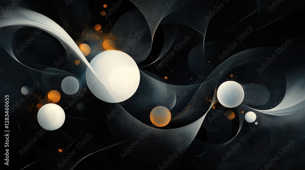 Poster abstract shapes floating in space, with glowing edges and various sizes, forming a mesmerizing visua