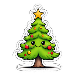 Cute Kawaii Cartoon Christmas Tree Smiling Face Star Topper Bright Colorful Ornaments Festive Holiday Decoration Clip Art Digital Illustration